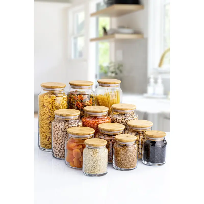 Zone - 12-Pack Glass Storage Container With Vacuum Bamboo Lid