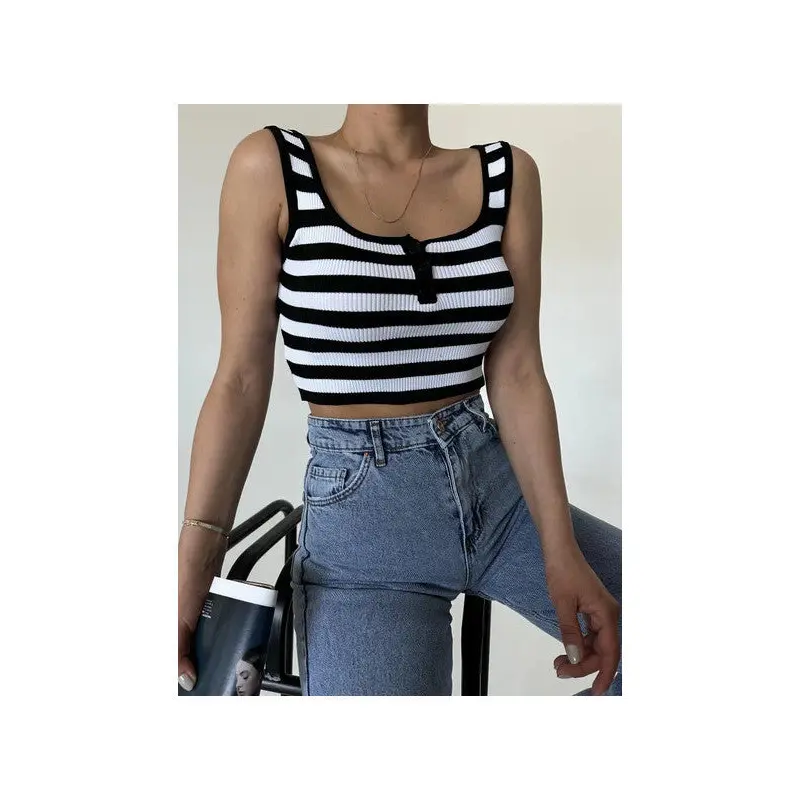 Black-Ecru Buttoned Striped Crop Tank Top