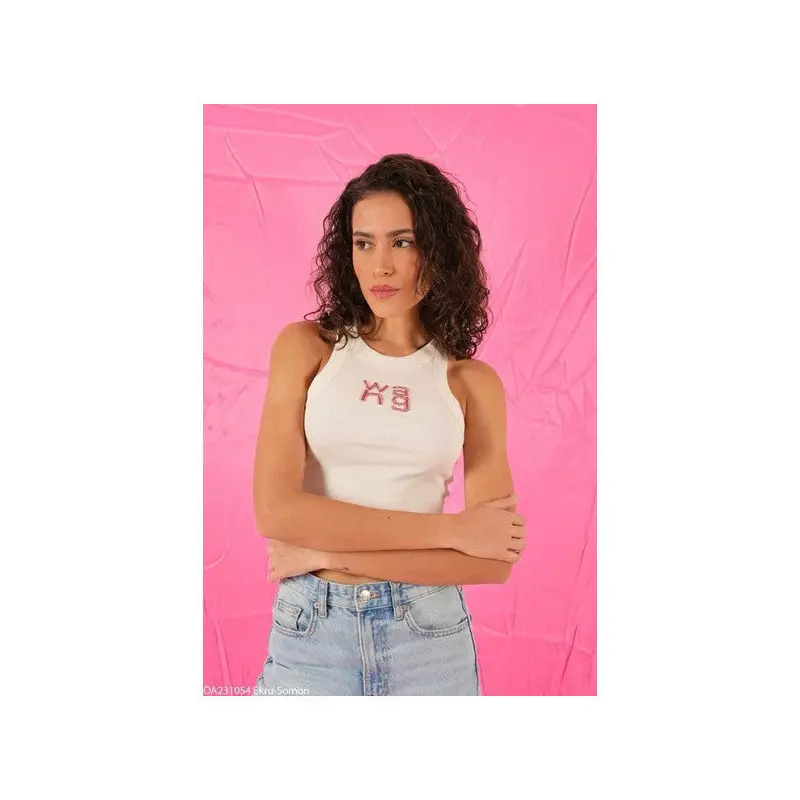 Ecru-Salmon Halter Neck Wang Glitter Embroidered Tank Top