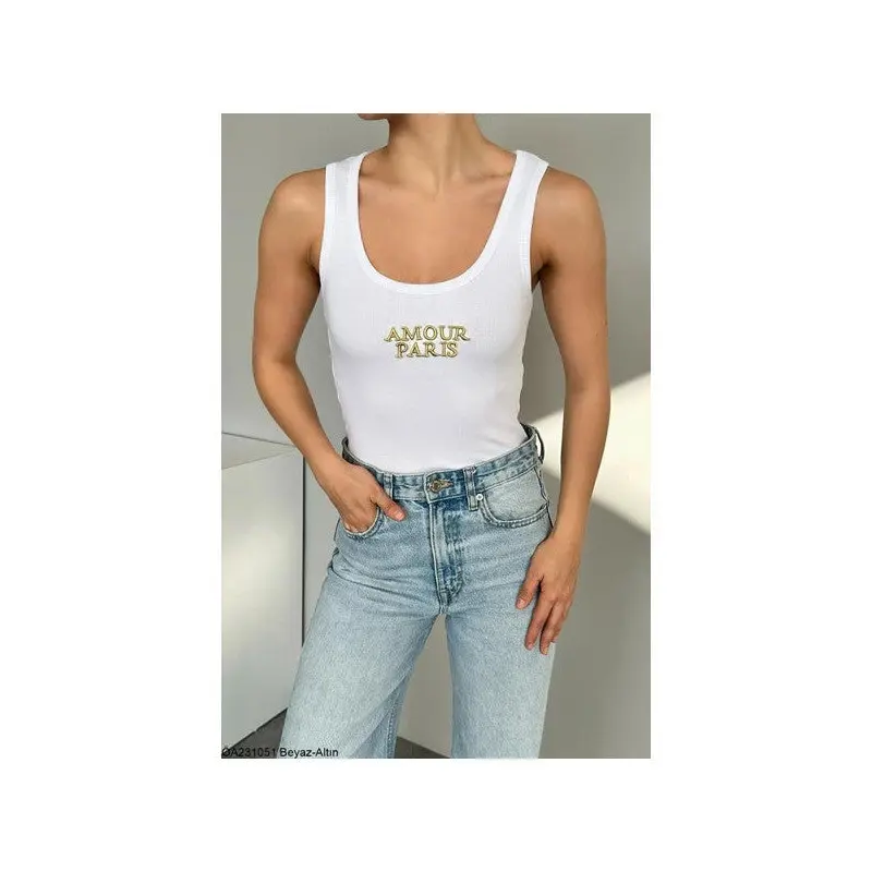White-Gold Amour Paris Glitter Embroidered Undershirt