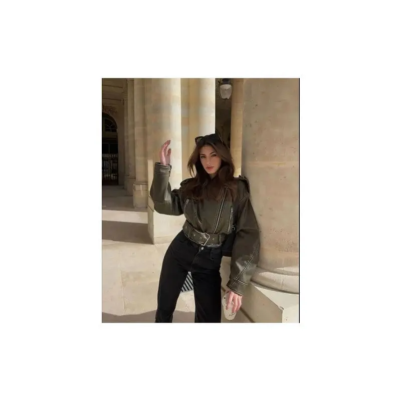 Belted Oversize Leather Biker Jacket