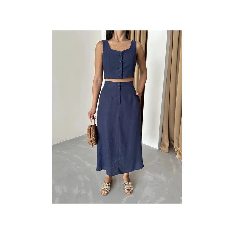 Navy Blue 100% Cotton Buttoned Vest Skirt Linen Suit