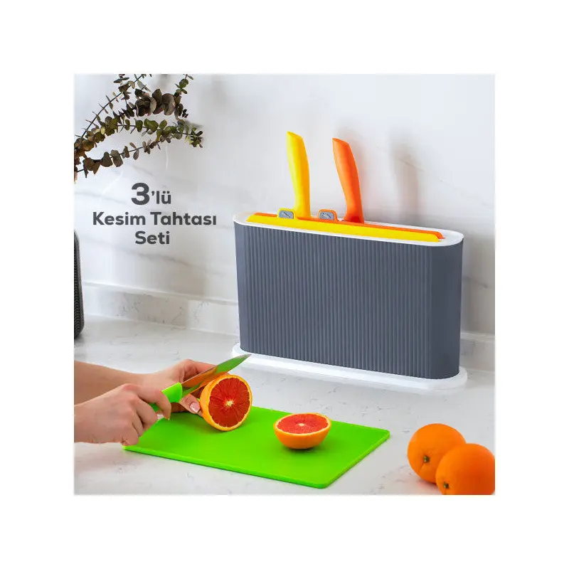 1076 3-Knife Anthracite-White Stand Multi Cutting Board Set - Plastic Red Meat Fish Vegetable White Meat