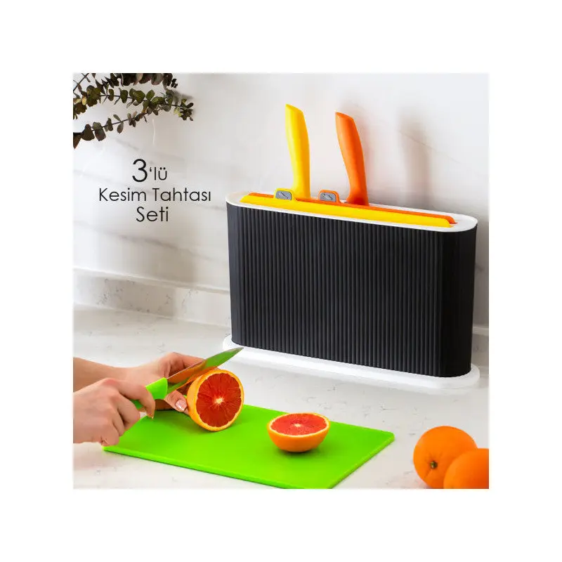 Porsima 1075 3 Knife Black-White Stand Multi Cutting Board Set - Plastic Red Meat Fish Vegetable White Meat