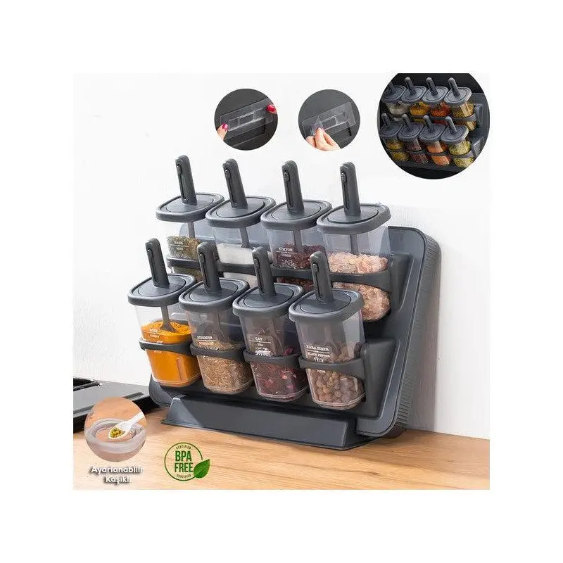 Porsima 1124 Stand, Slide Spoon, 360 Rotating Lid, Labeled Spice Jar Set - Food Storage Container Anthracite