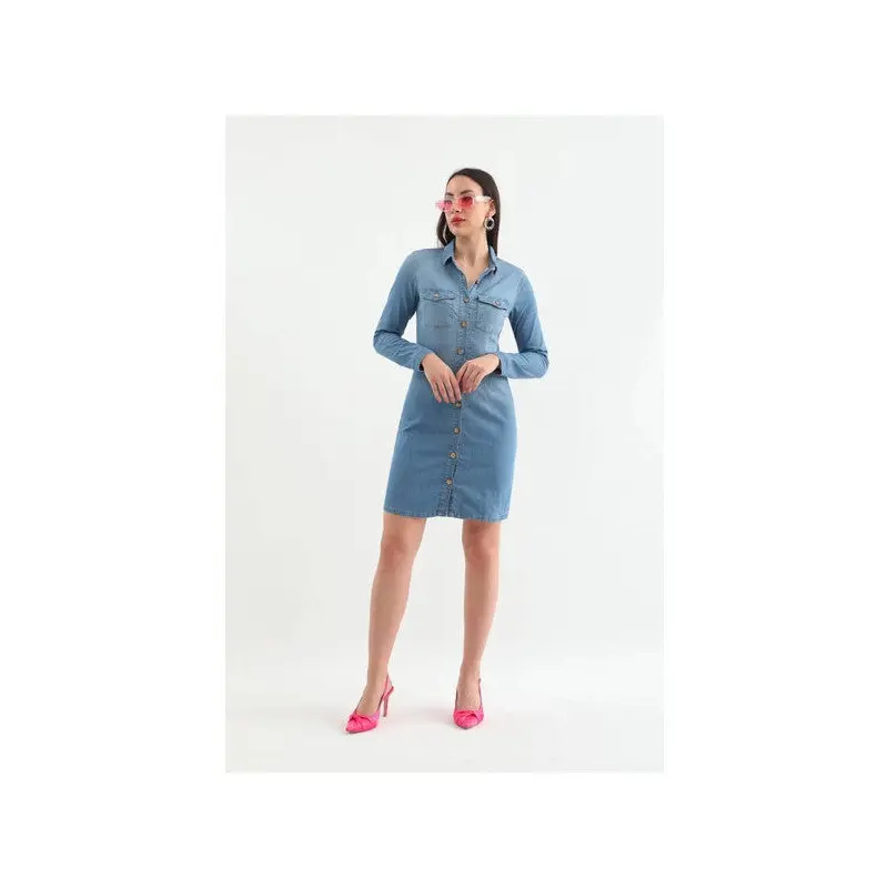 Women's Long Sleeve Buttoned Jean Dress Light Blue