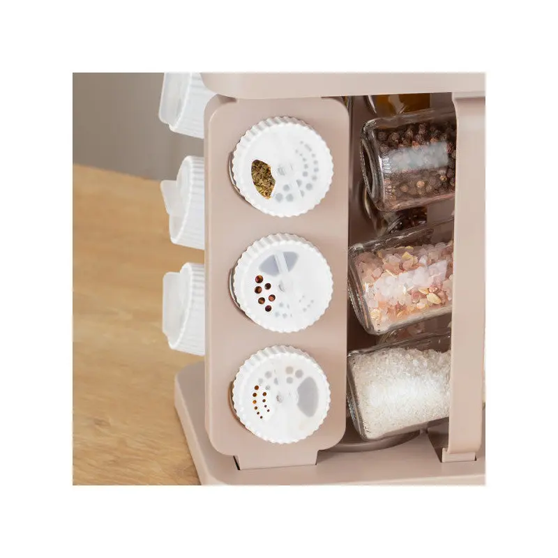 Porsima 1078 Square Prism Rotating Stand With Rotating Lid 12 Glass Spice Jar-Organizer Organizer-Cappuccino White