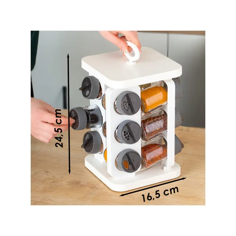 Porsima 1081 Square Prism Rotating Stand With Rotating Lid 12 Glass Spice Rack-Organizer-White Anthracite
