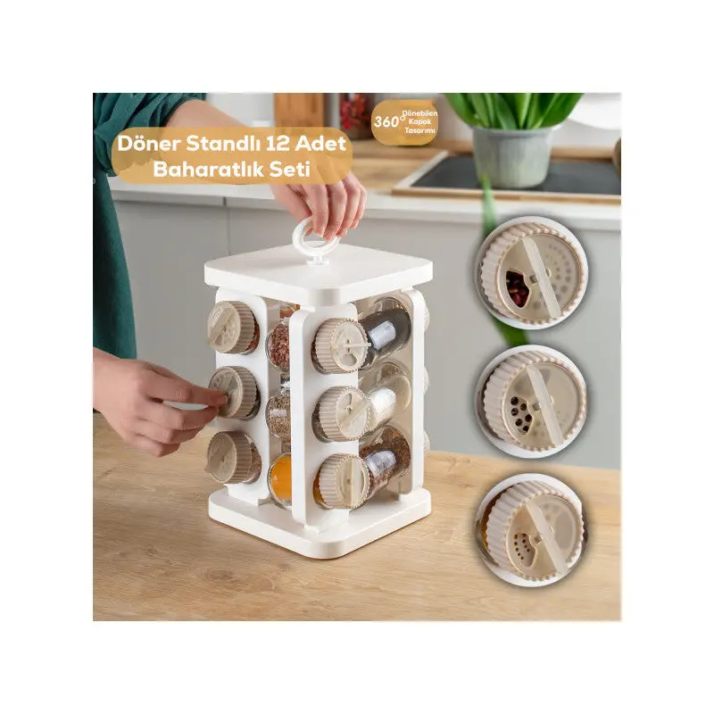 Porsima 1082 Square Prism Rotating Stand With Rotating Lid 12 Glass Spice Jar-Organizer Organizer-White Cappuccino