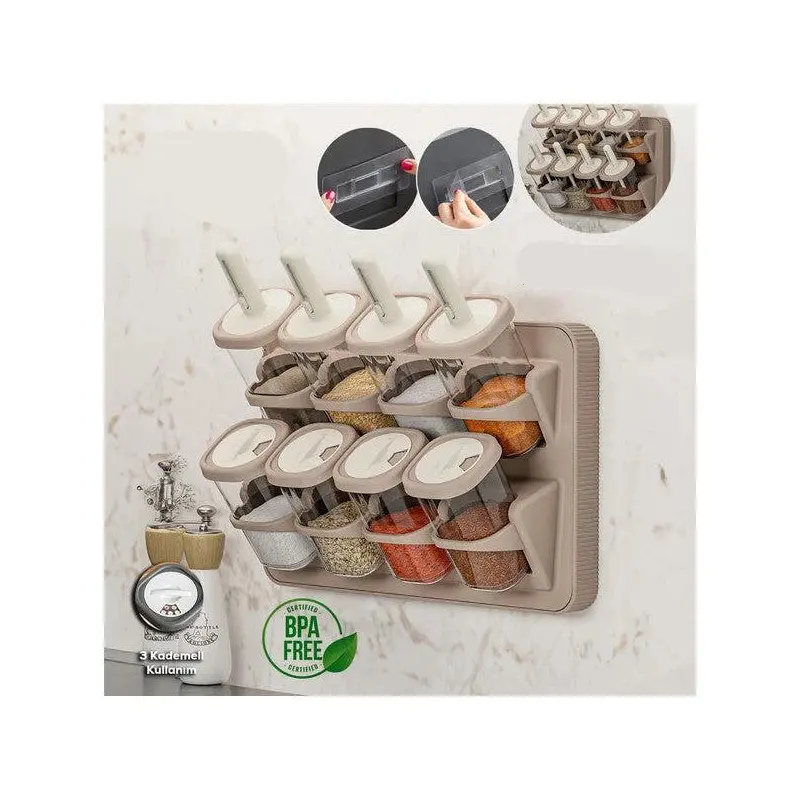 Porsima 1116 Stand Slide Spoon 360 Rotating Lid Labeled Spice Jar Set - Food Storage Container Cappuccino