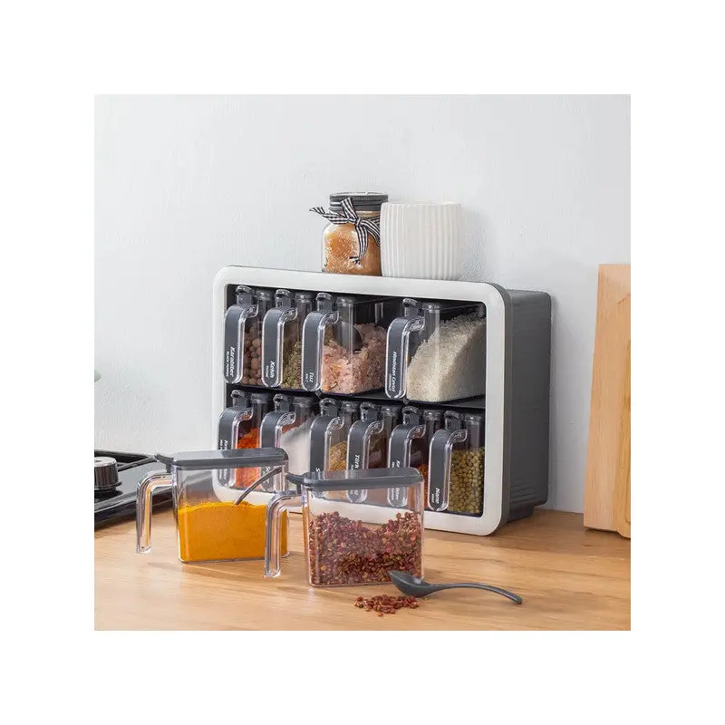 Porsima 1118 12-Piece Stand Self-Adhesive Spoon Lid Spice Storage Container Set - Anthracite White