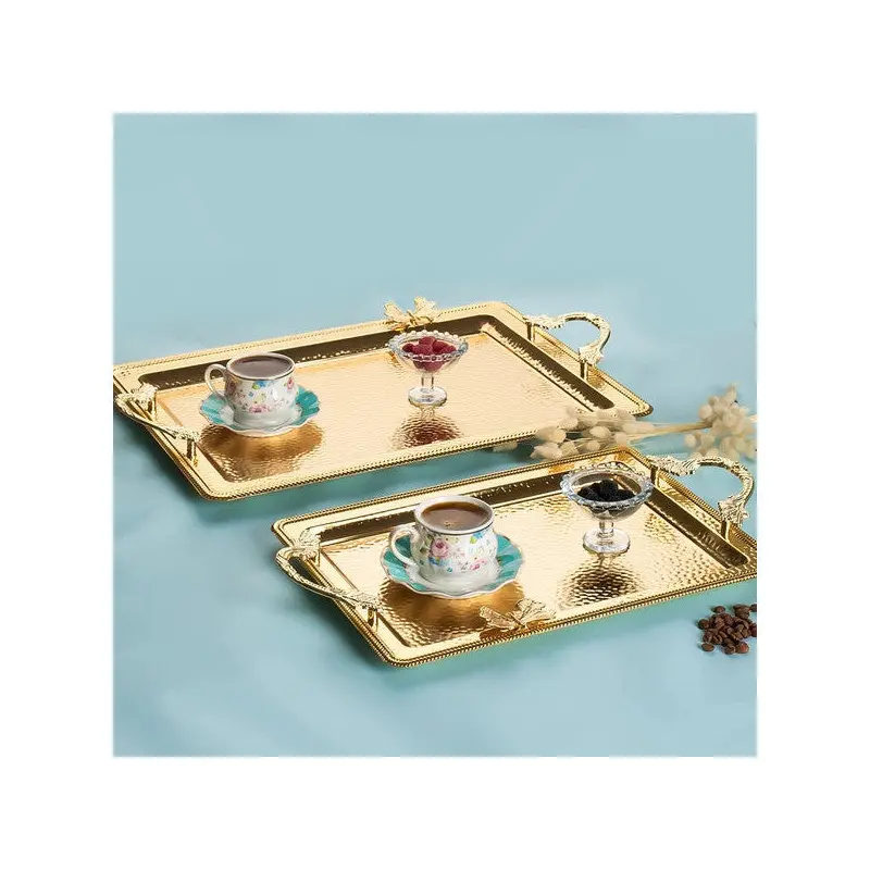 Porsima 3250 2-Piece Gold Stainless Steel Coffee Tray Butterfly Detailed Decorative Serving Presentation Tray