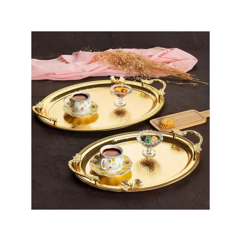 Porsima 3252 2 Gold Stainless Steel Coffee Tray Gold Detailed Decorative Serving Presentation Tray