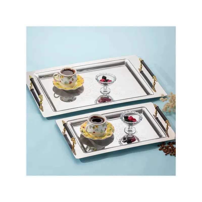 Porsima Gold 2-Piece Stainless Steel Silver Coffee Tray Gold Black Patterned Decorative Serving Presentation Tray