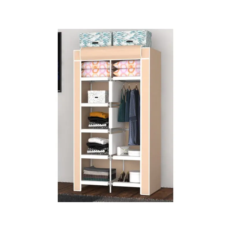 Multi-Purpose Mini Cloth Cabinet With Shelves And Hangers Beige
