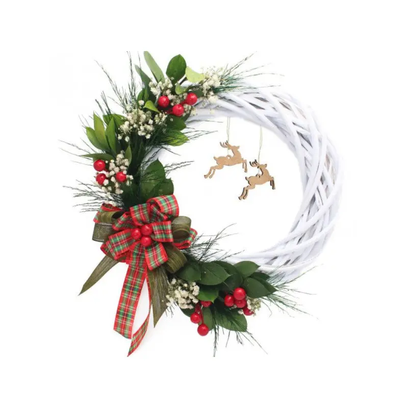 New Year's Door Decoration White Wreath 35cm with Ribbons and Greenery