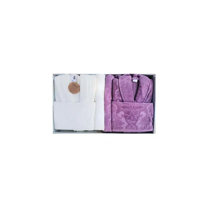 zdilek Curve Velvet Family Bathrobe Set Plum Cream 6 Pieces