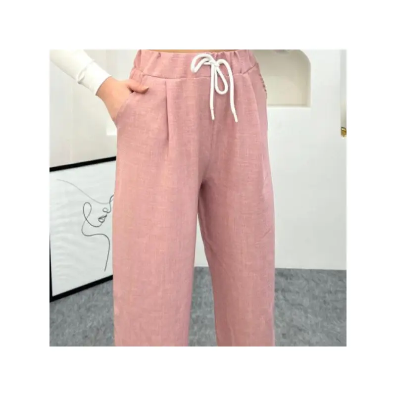 Powder Color Linen Fabric Carrot Model Trousers