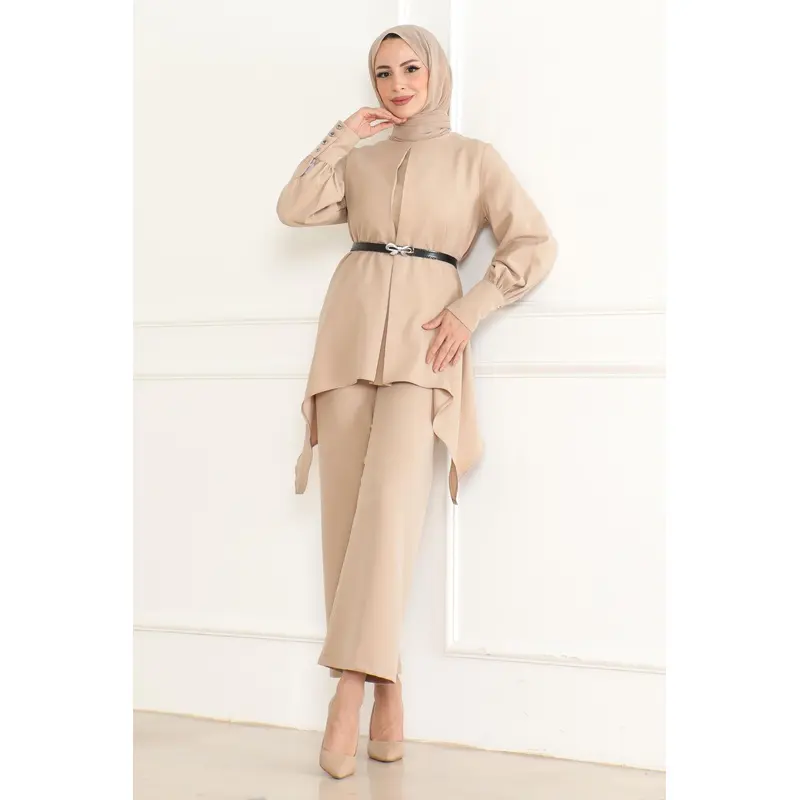 Belt Detailed Suit Beige Msw19001-5