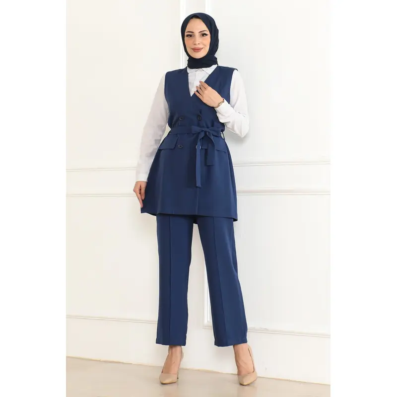 Belt Detailed Two-Piece Suit Indigo 19232