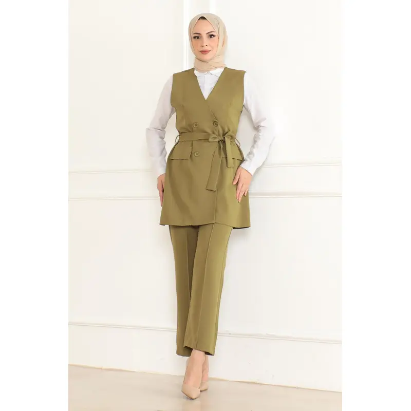 Belt Detailed Two-Piece Suit Khaki 19232