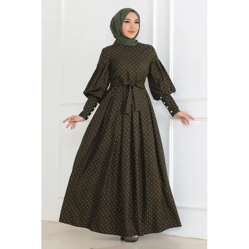 Belted Polka Dot Dress Khaki 6120