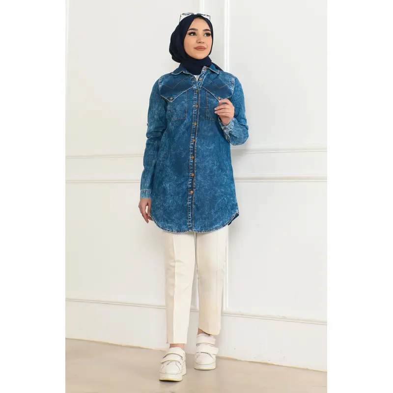 Button Detailed Denim Tunic Blue 6124