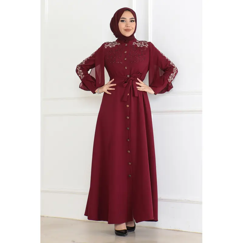 Button Detailed Dress Burgundy 6118