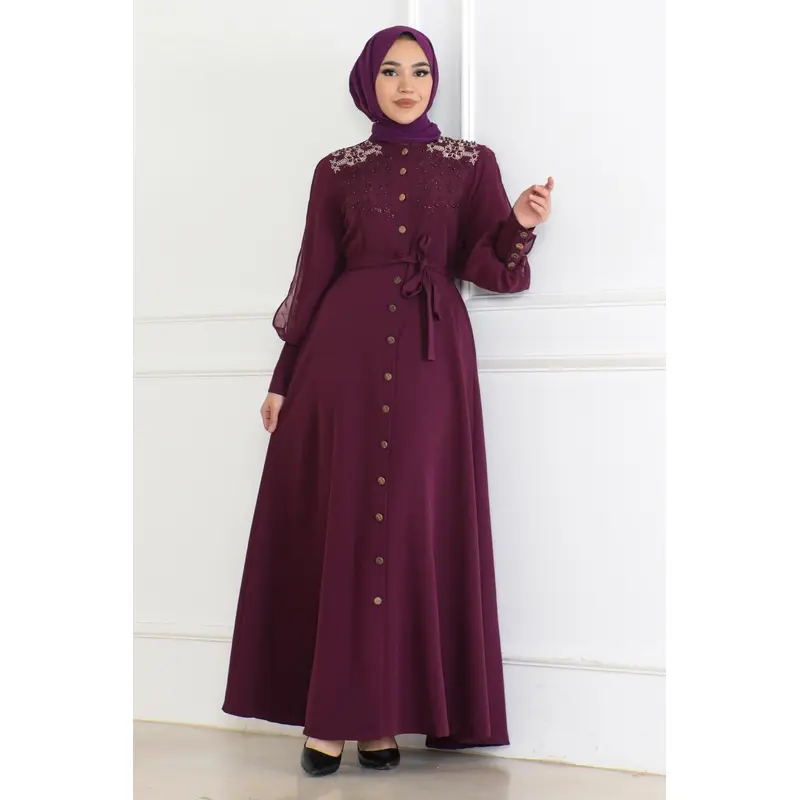 Button Detailed Dress Plum 6118