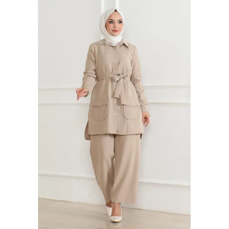 Button Detailed Suit Beige 19223