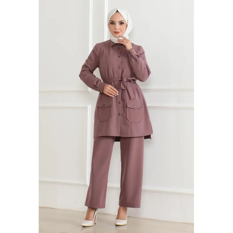 Button Detailed Suit Dusty Rose 19223