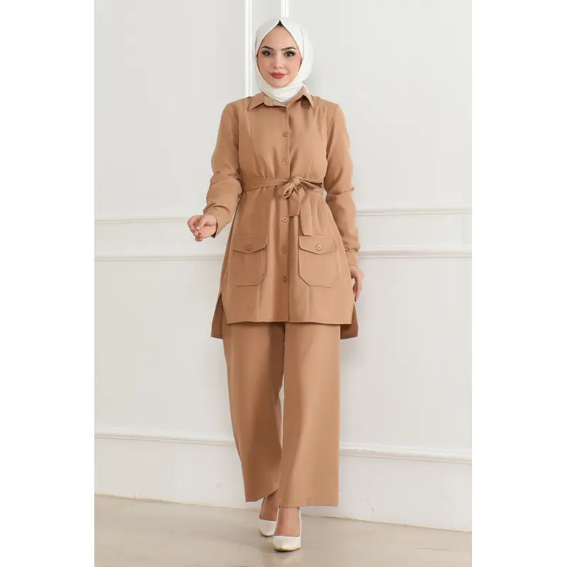 Button Detailed Suit Tan 19223