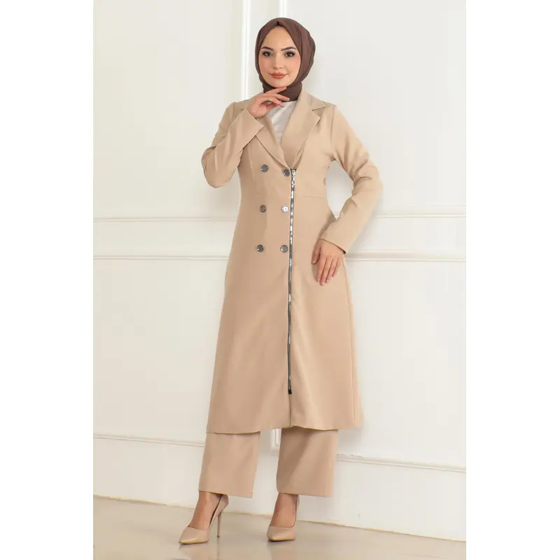 Button Detailed Zippered Suit Beige Msw19219-5