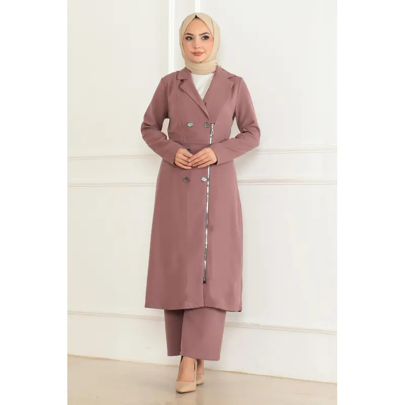 Button Detailed Zippered Suit Dusty Rose Msw19219-3