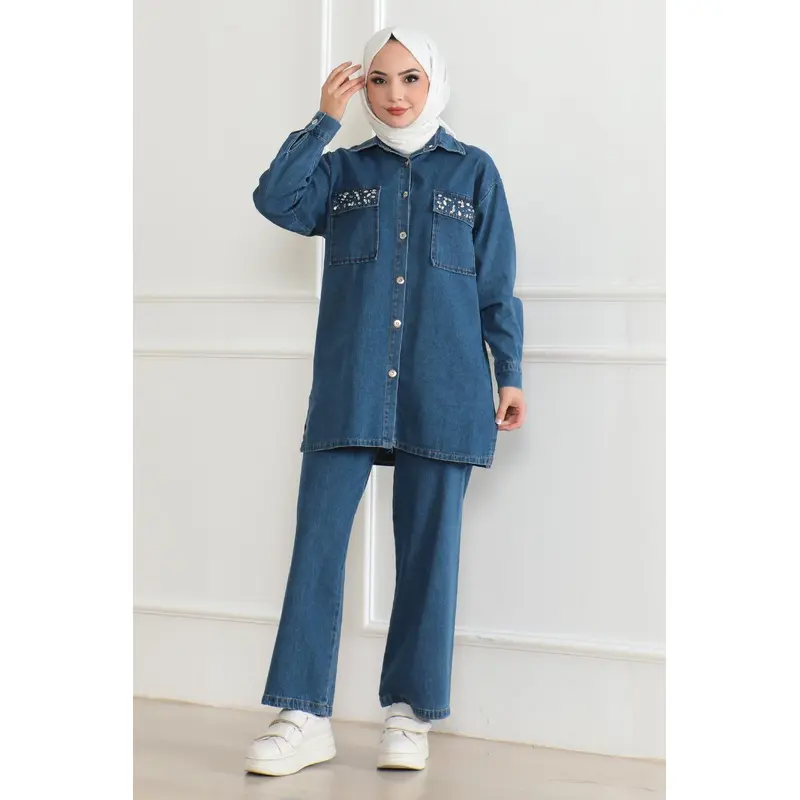 Buttoned Stone Detailed Denim Set Light Denim 19285