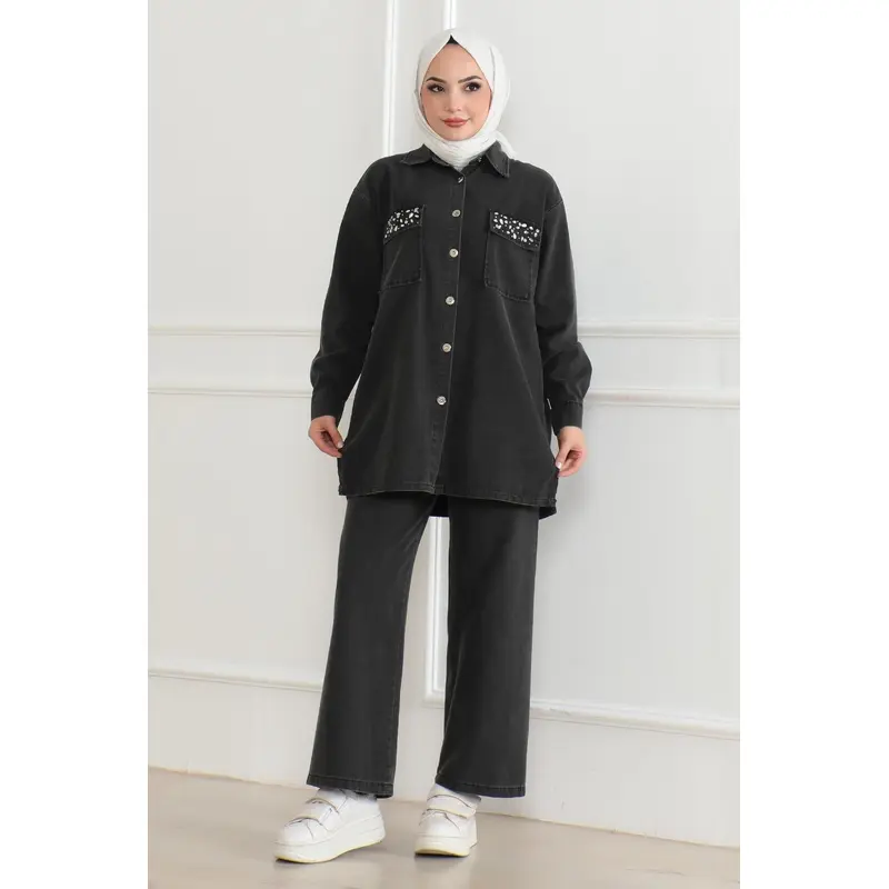 Buttoned Stone Detailed Denim Suit Smoke 19285