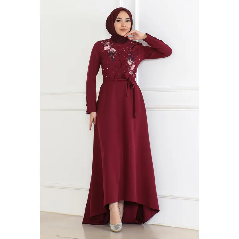 Embroidered Detailed Dress Burgundy 6119
