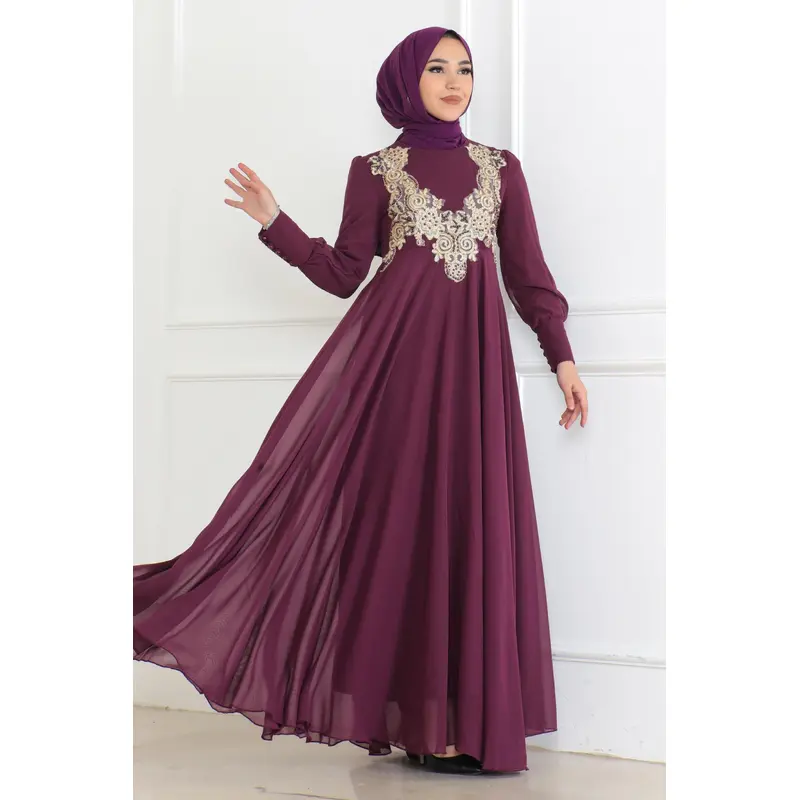 Lace Detailed Chiffon Evening Dress Plum 6113