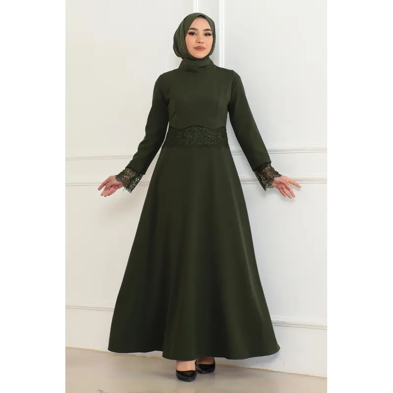 Lace Detailed Dress Khaki 6126