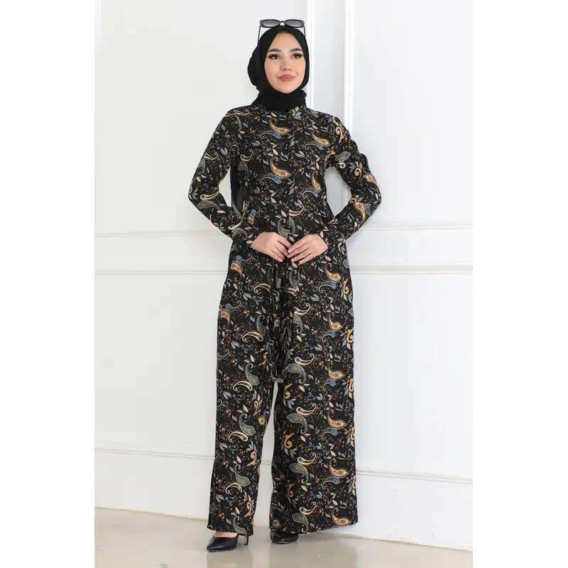 Patterned Hijab Overalls Dress Black 6112