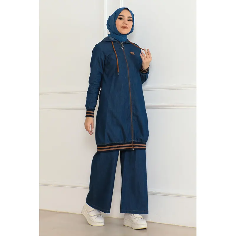 Zippered Ribbed Denim Suit Dark Blue 19363