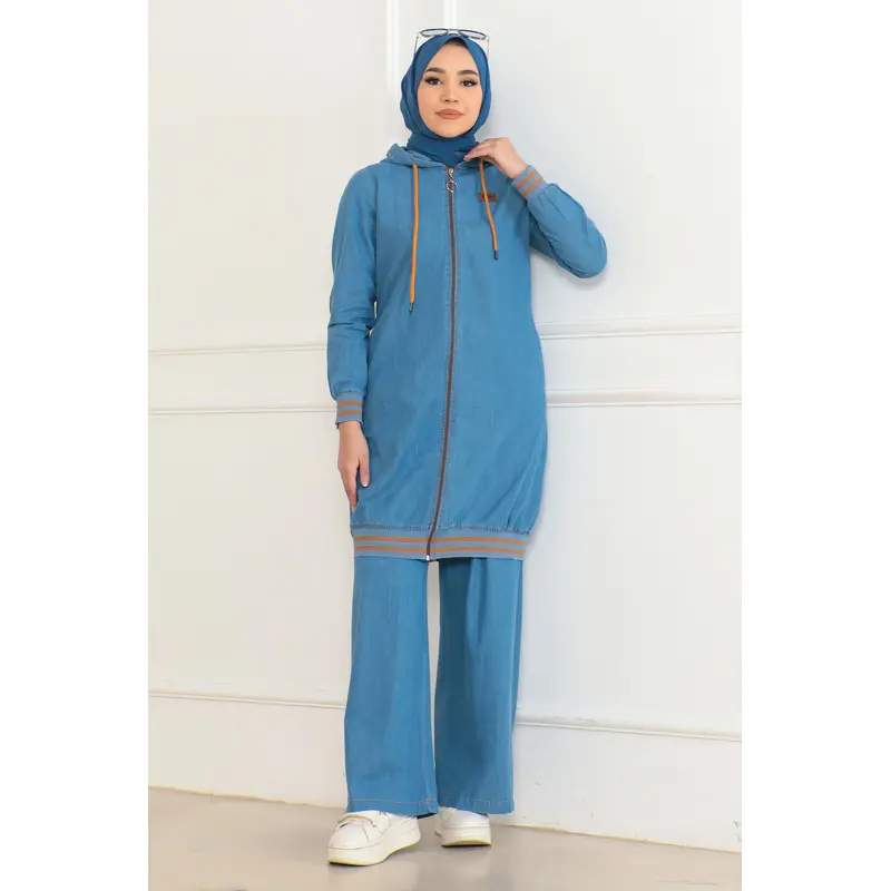 Zippered Ribbed Denim Suit Light Blue 19363