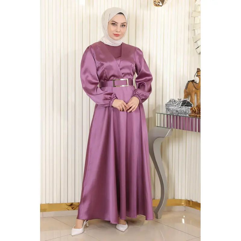 Belted Satin Evening Dress Dusty Rose 19191