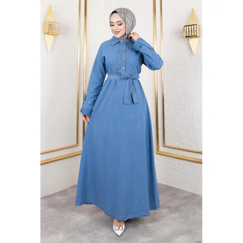 Button Detailed Denim Dress Light Blue 19366