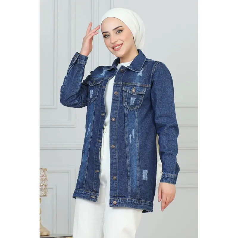 Denim Jacket With Laser Pocket Detail Dark Blue 6095