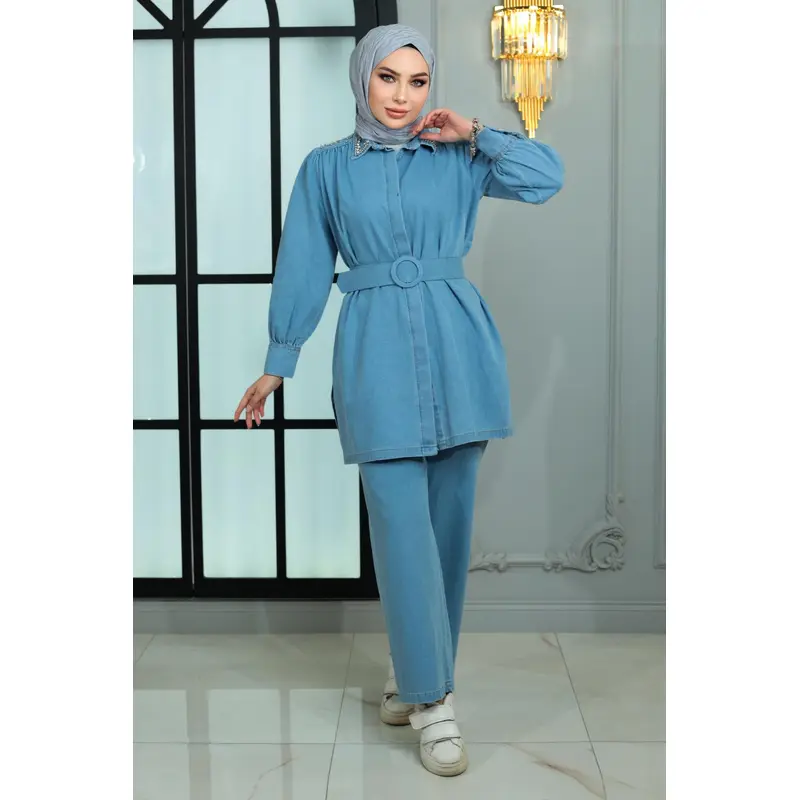 Denim Suit With Stoned Collar And Shoulders, Light Blue 19186