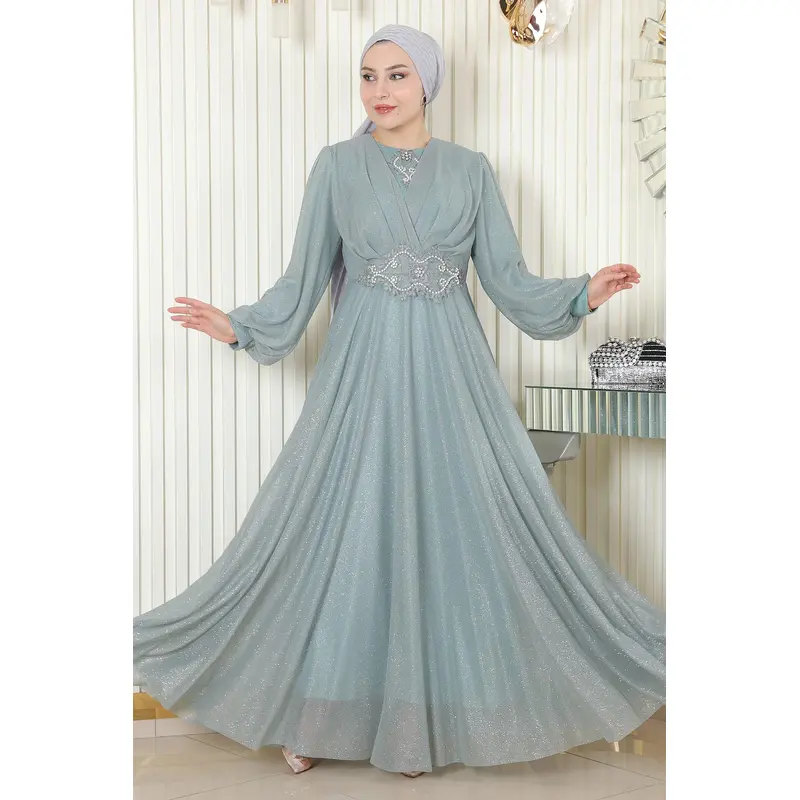 Draped Glitter Evening Dress With Pearl Details, Mint 19189