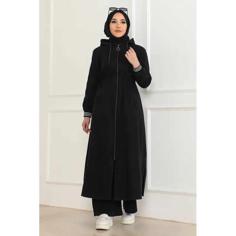 Elastic Waist Hooded Denim Suit Black 19362