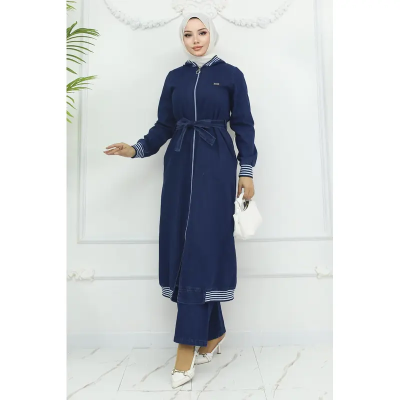 Hooded Ribbed Denim Suit Dark Blue 19244