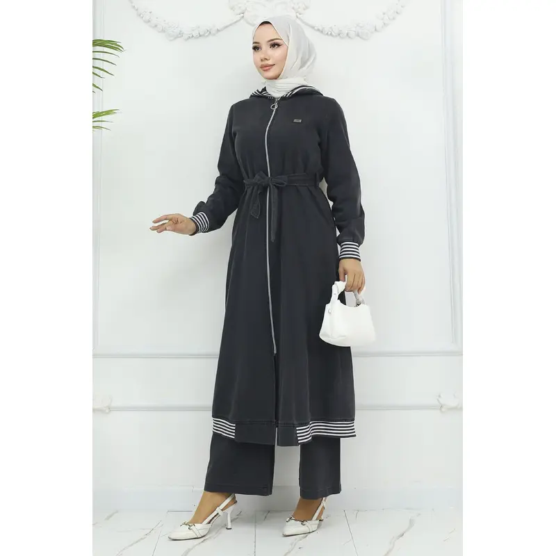 Hooded Ribbed Denim Suit Smoke 19244